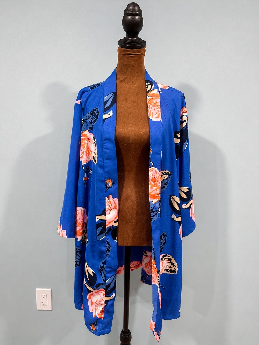 Pieces Royal Blue Floral Kimono Cover-Up with Pink Roses